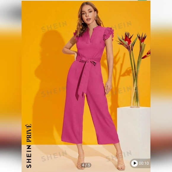 Shein Prive Layered Pleated Sleeve Belted Jumpsuit. Size XL. Color: Pink - Picture 1 of 16